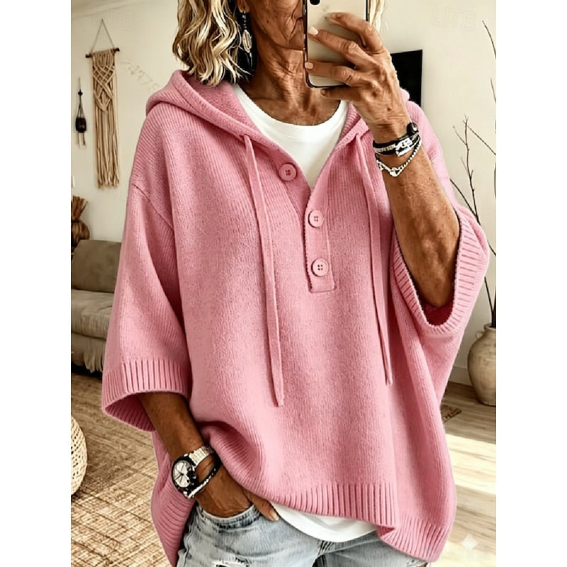 Striktrøje Dame – Pullover med hætte og afslappet pasform til hverdag, arbejde og lag-på-lag i Himmelblå og Pink – Brooklyn