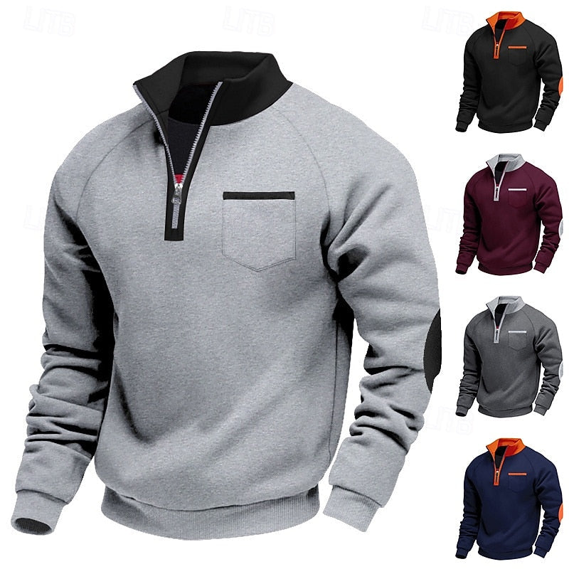 Striktrøje Herre – Pullover med farveblokdesign og quarter-zip lynlås til hverdag, arbejde og lag-på-lag