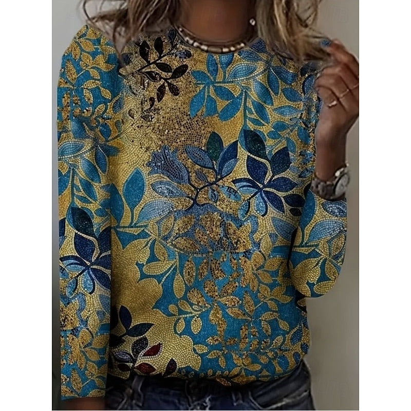 Langærmet Top Dame – Basisbluse med blomstret design, mønstret design og lange ærmer til hverdag, arbejde og lag-på-lag
