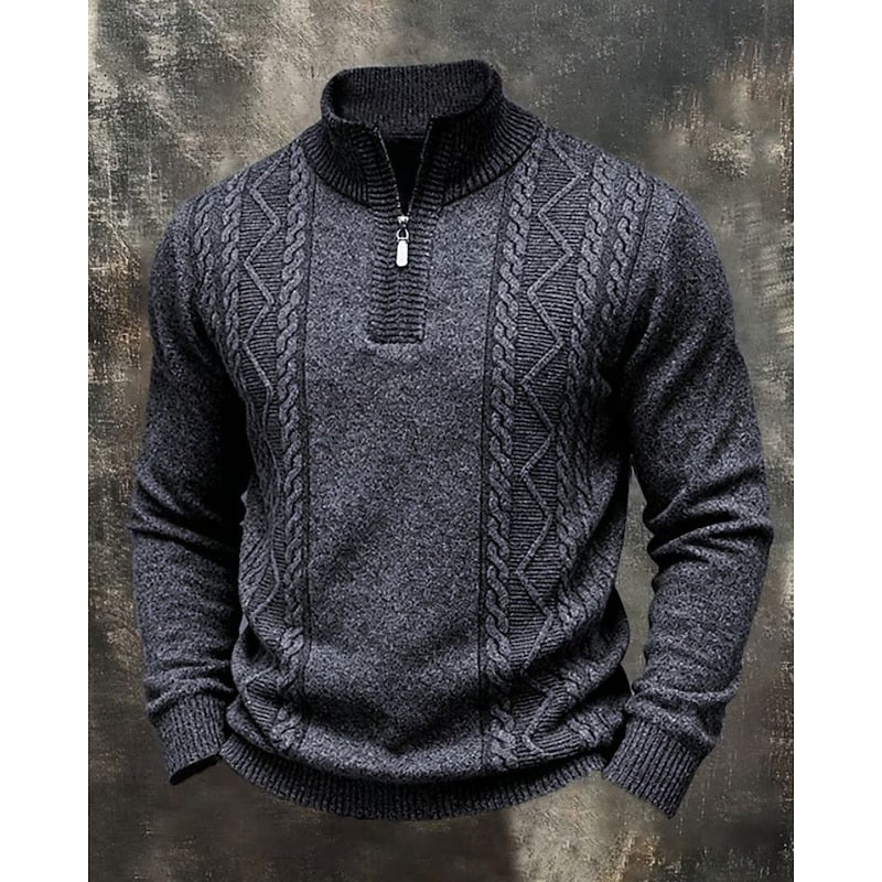 Striktrøje Herre – Pullover med kabelstrik og quarter-zip lynlås til hverdag, arbejde og lag-på-lag