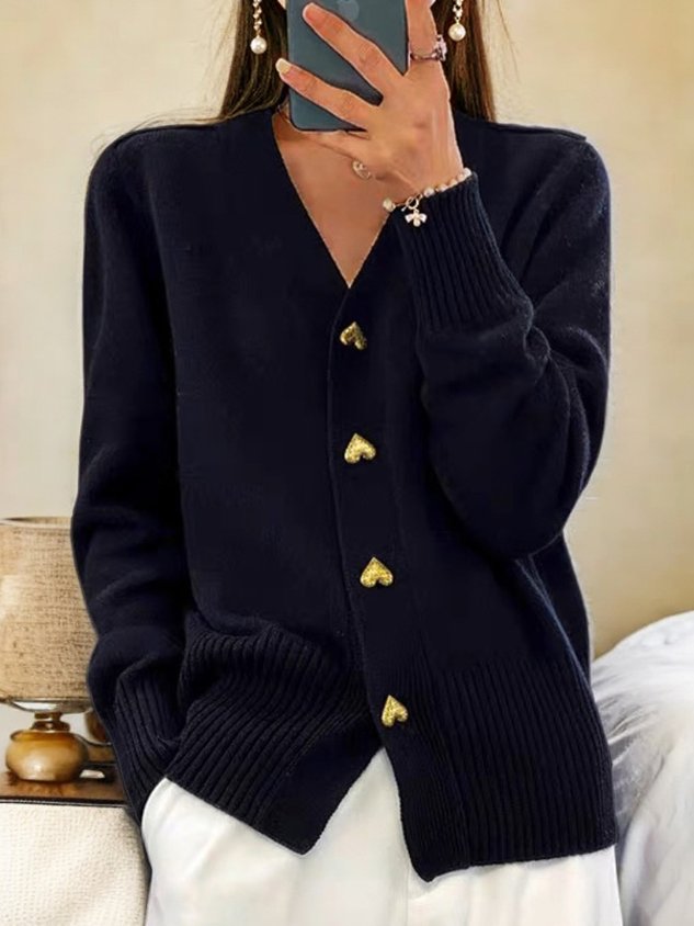 V-Hals Cardigan Dame – Sort Strikcardigan med Knapper