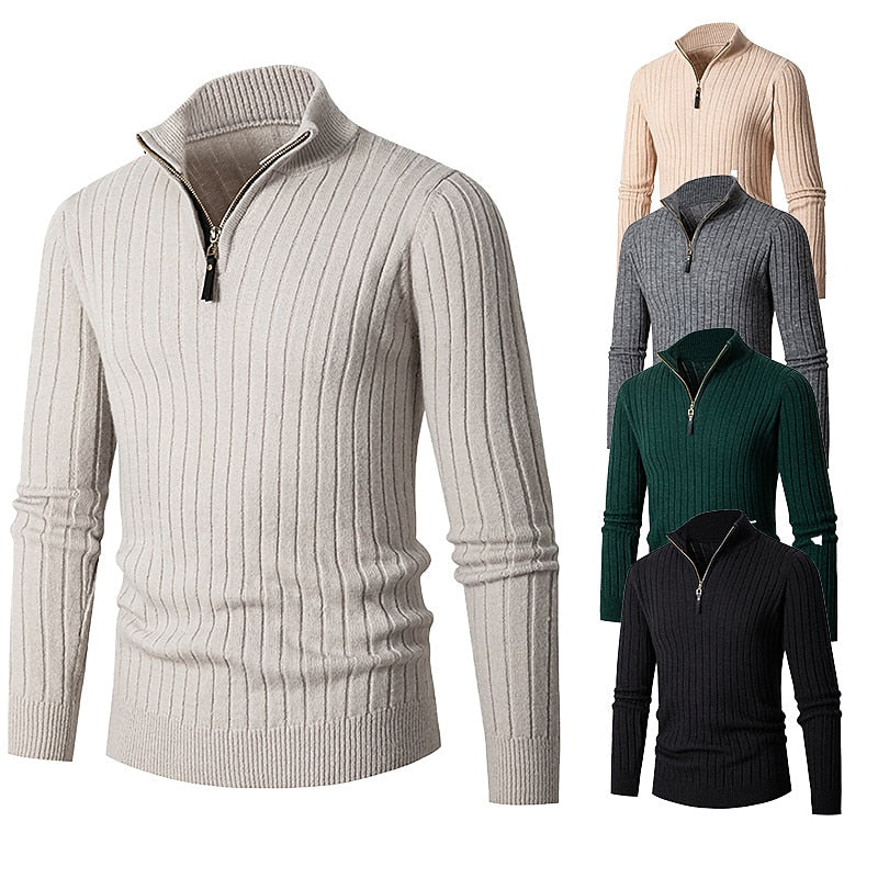 Ribstriktrøje Herre – Quarter-Zip Pullover med Lynlås