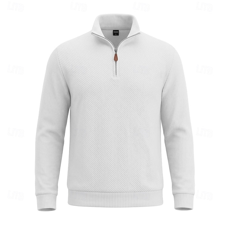 Striktrøje Herre – Pullover med tekstureret overflade og quarter-zip lynlås til hverdag, arbejde og lag-på-lag i Hvid og Sort – Quentin