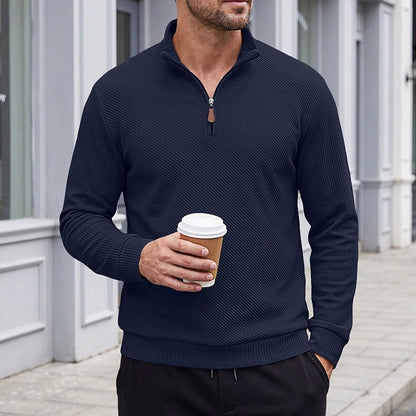 Striktrøje Herre – Pullover med tekstureret overflade og quarter-zip lynlås til hverdag, arbejde og lag-på-lag i Hvid og Sort – Quentin