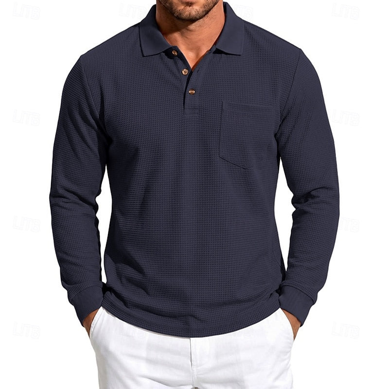 Poloshirt Herre – Polo trøje med tekstureret overflade og lange ærmer til hverdag, arbejde og lag-på-lag i Grøn og Hvid – Quentin