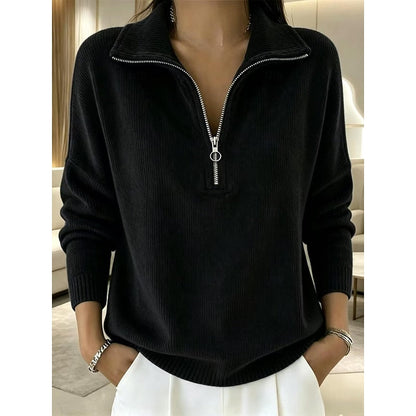 Striktrøje Dame – Pullover med quarter-zip lynlås og krave til hverdag, arbejde og lag-på-lag