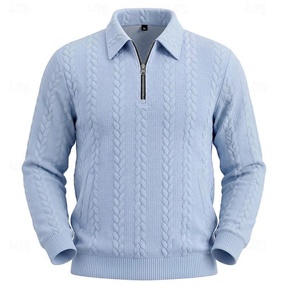 Striktrøje Herre – Pullover med tekstureret overflade og quarter-zip lynlås til hverdag, arbejde og lag-på-lag i Lyseblå og Lysegrå – Chase