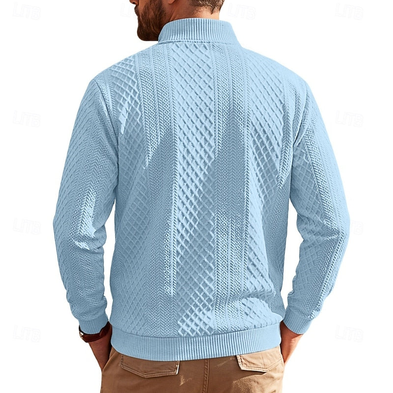 Striktrøje Herre – Pullover med tekstureret overflade og quarter-zip lynlås til hverdag, arbejde og lag-på-lag i Lyseblå og Hvid – Nash