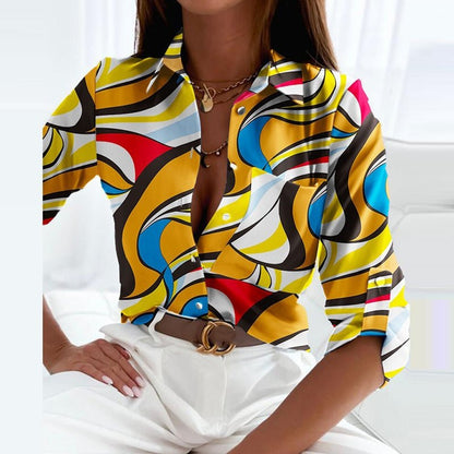 Bluse Dame – Blå Skjortebluse med Krave og Print