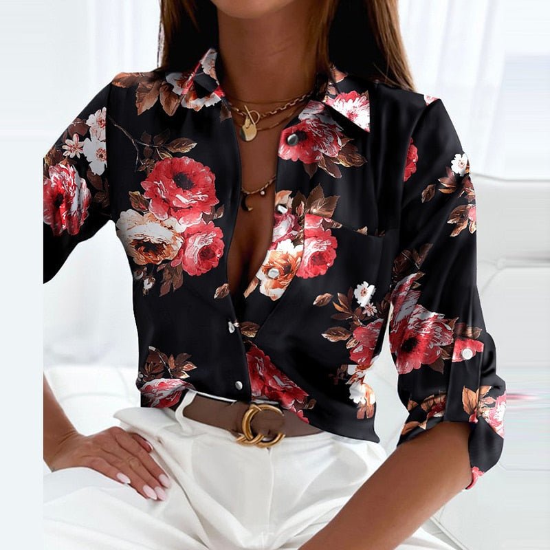 Bluse Dame – Blå Skjortebluse med Krave og Print