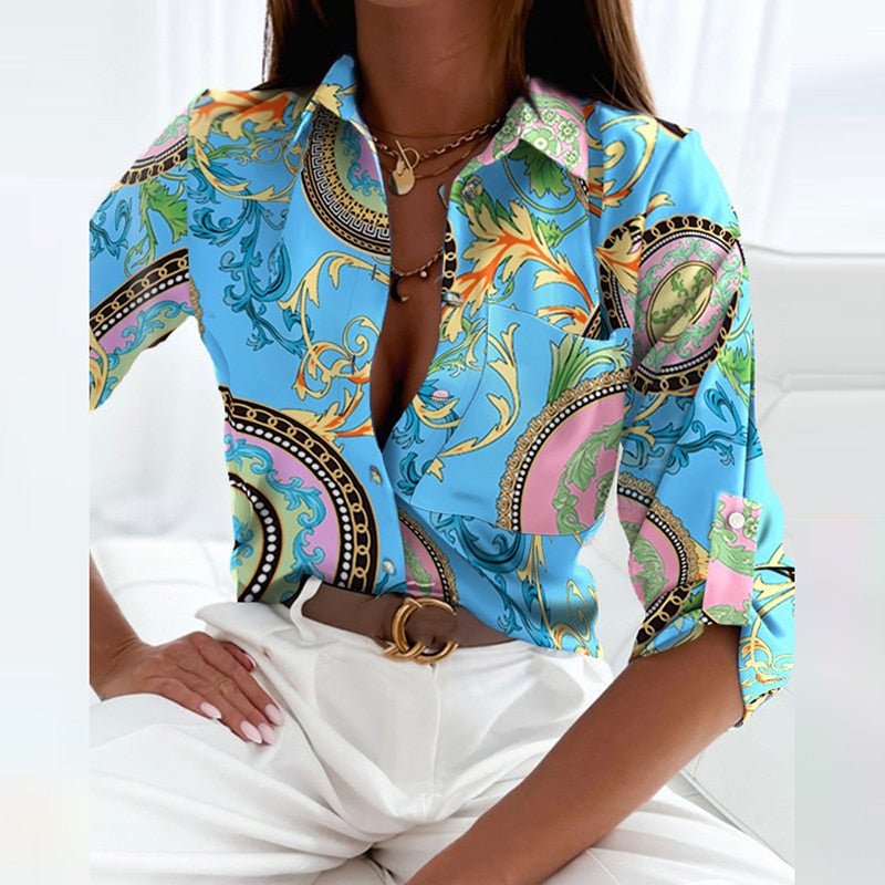 Bluse Dame – Blå Skjortebluse med Krave og Print
