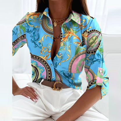 Bluse Dame – Blå Skjortebluse med Krave og Print