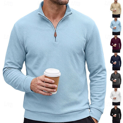 Striktrøje Herre – Pullover med tekstureret overflade og quarter-zip lynlås til hverdag, arbejde og lag-på-lag i Hvid og Sort – Quentin