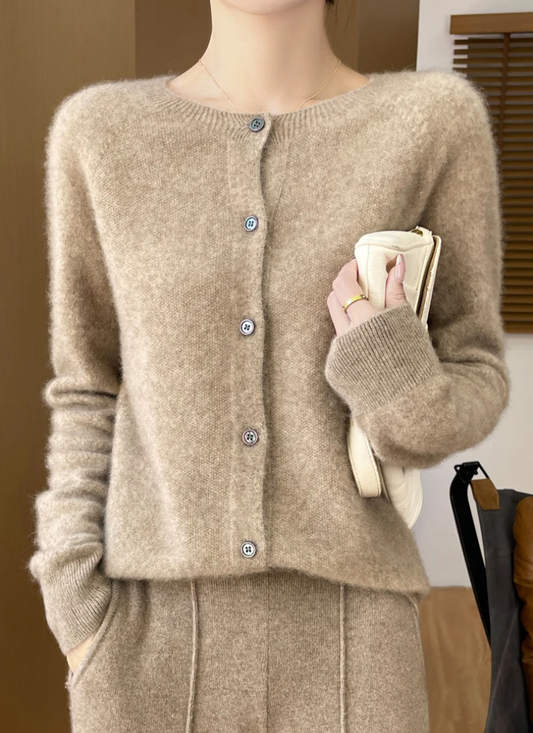 Merino Cardigan Dame – Karamel Strikcardigan med Knapper