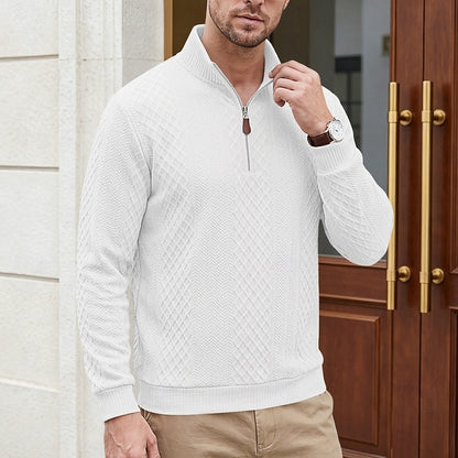 Striktrøje Herre – Pullover med tekstureret overflade og quarter-zip lynlås til hverdag, arbejde og lag-på-lag i Lyseblå og Hvid – Nash