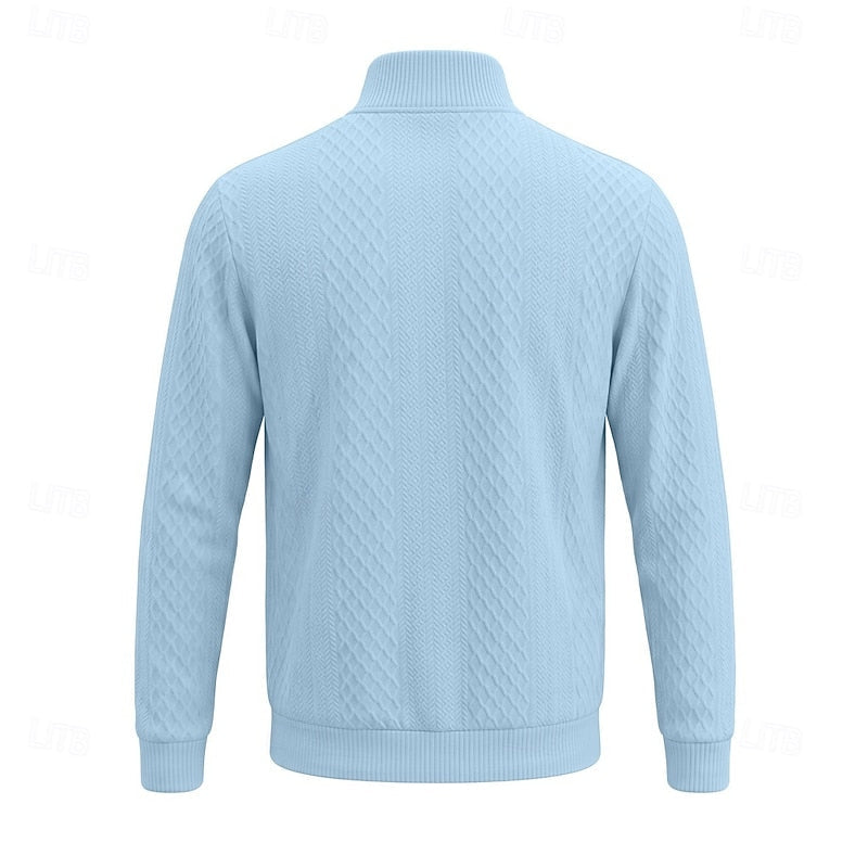 Striktrøje Herre – Pullover med tekstureret overflade og quarter-zip lynlås til hverdag, arbejde og lag-på-lag i Lyseblå og Hvid – Nash