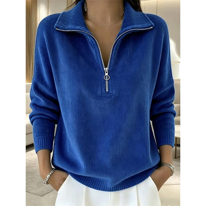 Striktrøje Dame – Pullover med quarter-zip lynlås og krave til hverdag, arbejde og lag-på-lag