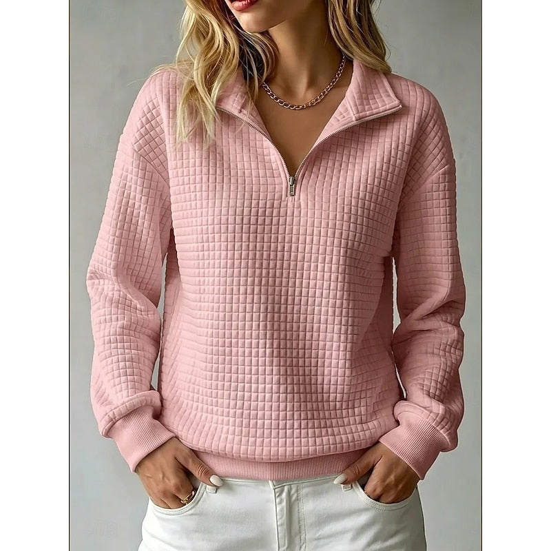 Half-Zip Striktrøje Dame – Tekstureret Pullover med Lynlås